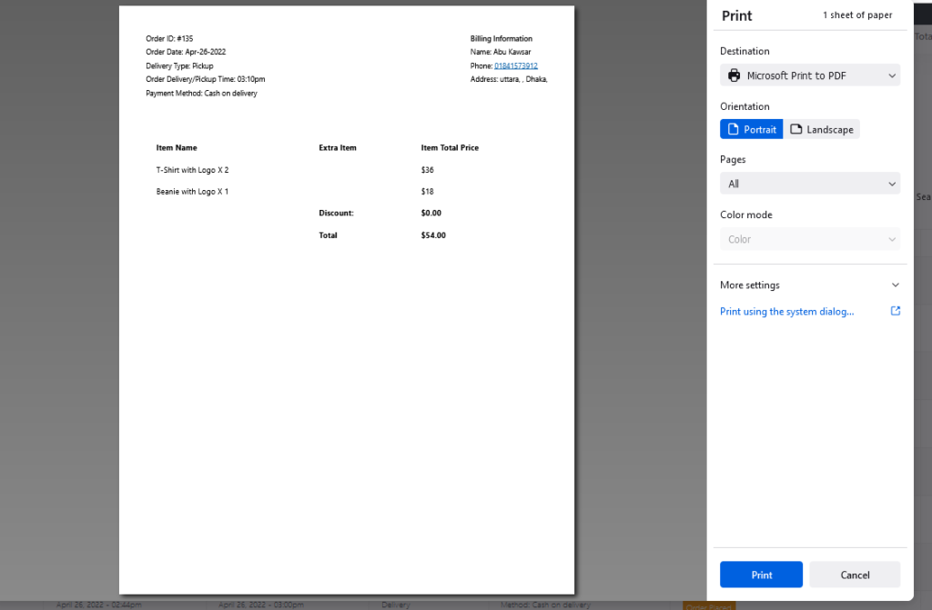 find a print button to print the invoice