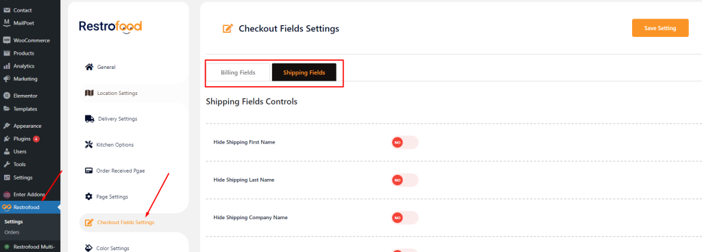 Billing/Shipping Fields Settings